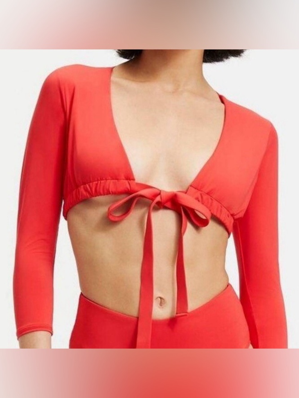 Good American Coral Red Long Sleeve Tie Front Bikini Top